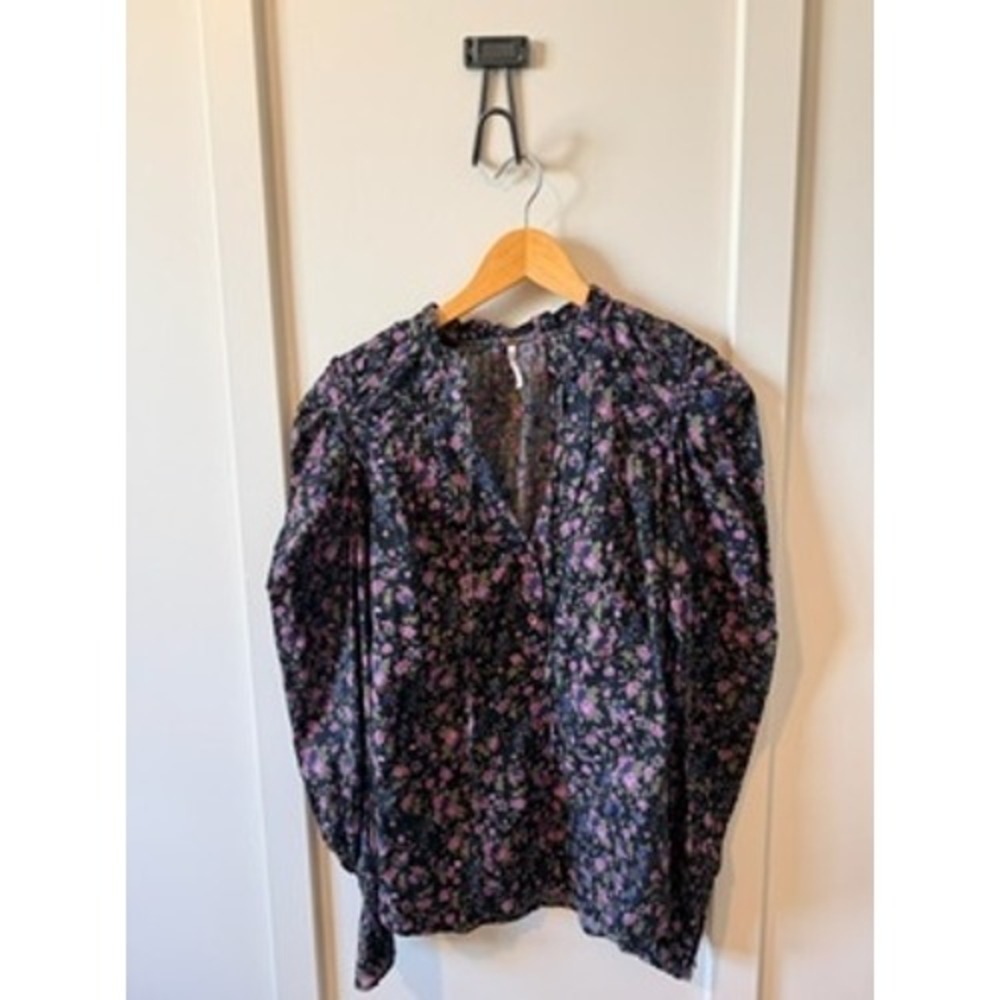 Free People Floral Puff Sleeve Blouse Pink Purple Cotton V-Neck Ruffle Top Small